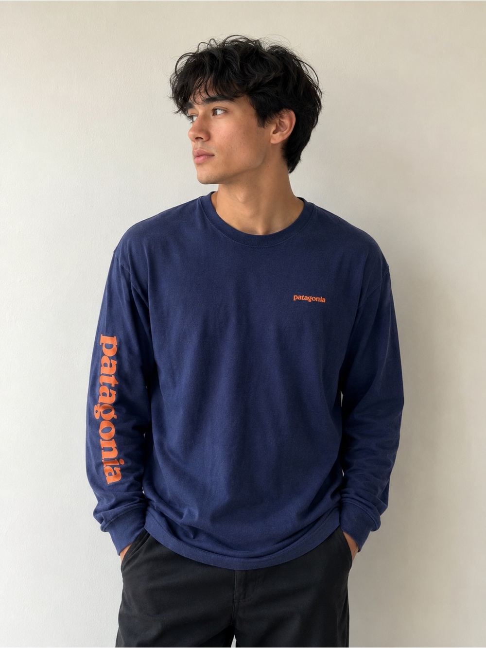 Patagonia Men’s Long-Sleeve Crew Tee in Navy with Orange Logo Size Xl